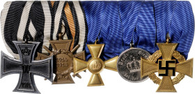 ORDEN UND EHRENZEICHEN, Ordensspange mit Eisernem Kreuz 1914, 2. Klasse am Kämpferband, Ehrenkreuz für Frontkämpfer, Dienstauszeichnung 2.Modell 15 Di...