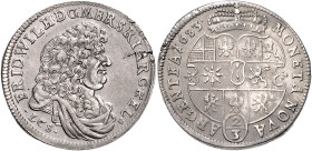 BRANDENBURG-PREUSSEN, Friedrich Wilhelm der Große Kurfürst, 1640-1688, Gulden =2/3 Taler 1683 LCS, Berlin. 18,86g.
kl.Sr.a.Rd., f.vz
Dav.248; v.Schr...
