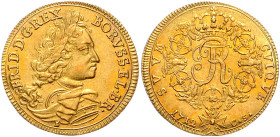 BRANDENBURG-PREUSSEN, Friedrich I., 1701-1713, Dukat 1712 CS (Christoph Stricker), Berlin. 3,47g.
GOLD, Prachtex.mit feiner Goldpatina, sehr selten, ...