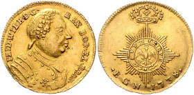 BRANDENBURG-PREUSSEN, Friedrich Wilhelm I. der Soldatenkönig, 1713-1740, Dukat 1738 EGN, Berlin. 3,45g.
GOLD, vz
Frbg.2338; v.Schr.94