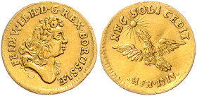BRANDENBURG-PREUSSEN, Friedrich Wilhelm I. der Soldatenkönig, 1713-1740, 1/2 Dukat 1713 HFH, Magdeburg. 1,70g.
GOLD, ss-vz
Frbg.2325; v.Schr.159