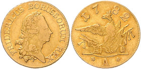 BRANDENBURG-PREUSSEN, Friedrich II. der Große, 1740-1786, Friedrichs d'or 1782 A. 6,57g.
GOLD, ss
Frbg.2411; Old.435; v.Schr.394