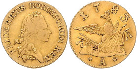 BRANDENBURG-PREUSSEN, Friedrich II. der Große, 1740-1786, Friedrichs d'or 1783 A. 6,60g.
GOLD, ss
Frbg.2411; Old.435; v.Schr.395