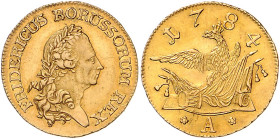BRANDENBURG-PREUSSEN, Friedrich II. der Große, 1740-1786, Friedrichs d'or 1784 A. 6,61g.
GOLD, kl.Kr., f.vz
Frbg.2411; Old.435; v.Schr.395
