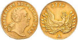 BRANDENBURG-PREUSSEN, Friedrich II. der Große, 1740-1786, 1/2 Friedrichs d'or 1753 A, Berlin. 3,30g.
GOLD, selten, ss+
Frbg.2393; Old.406b