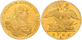 BRANDENBURG-PREUSSEN, Friedrich Wilhelm II., 1786-1797, Friedrichs d'or 1786 A. 6,65g.
GOLD, kl.Kr., l.just., vz+
Frbg.2417; J.100