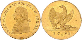 BRANDENBURG-PREUSSEN, Friedrich Wilhelm III., 1797-1840, Friedrichs d'or 1798 A. 6,67g.
GOLD, Prachtex., min.Kr., vz-st
Frbg.2425; J.101