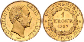 BAYERN, Maximilian II., 1848-1864, Vereinskrone 1857. 11,11g. Nur 771 Ex. geprägt.
GOLD, Prachtex., sehr selten, kl.Kr., vz-st
AKS 140; J.131