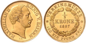 BAYERN, Maximilian II., 1848-1864, 1/2 Vereinskrone 1857. 5,54g. Nur 1.749 Ex. geprägt.
GOLD, Prachtex., sehr selten, PP/EA
AKS 141; Frbg.281