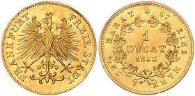 FRANKFURT, Freie Stadt, 1815-1866, Dukat 1853. 3,50g. Aufl.1121 Ex.
GOLD, vz
AKS 1; J.53; Frbg.1027; Schl.245