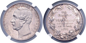 HANNOVER, Georg V., 1851-1866, Vereinstaler 1865 B. Sieg bei Waterloo.
NGC MS 62 PL
AKS 160; T.176; Dav.684