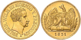 PREUSSEN, Friedrich Wilhelm III., 1797-1840, Doppelfriedrichs d'or 1831 A. 13,31g.
GOLD, Prachtex., vz-st
AKS 2; J.110; Frbg 2428