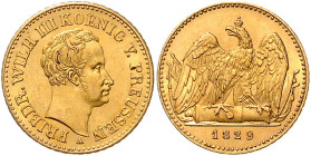 PREUSSEN, Friedrich Wilhelm III., 1797-1840, Friedrichs d'or 1829 A. 6,68g.
GOLD, äußerst seltener Jahrgang, vz/vz-st
AKS 5; J.109; Frbg.2430; Old.2...