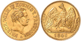 PREUSSEN, Friedrich Wilhelm IV., 1840-1861, Doppelfriedrichs d'or 1846 A. 13,37g.
GOLD, vz+
AKS 61; Frbg.2431