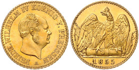 PREUSSEN, Friedrich Wilhelm IV., 1840-1861, Friedrichs d'or 1855 A. 6,67g.
GOLD, Prachtex., min.Haarlinien, f.st
AKS 64; J.115; Old.358; Frbg.2435