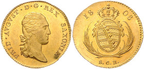 SACHSEN, Friedrich August I., 1806-1827, Dukat 1808 SGH, Dresden. 3,47g.
GOLD, f.st
AKS 8; J.154