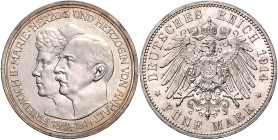 ANHALT, Friedrich II., 1904-1918, 5 Mark 1914 A. Silberhochzeit.
kl.Schürfspur a.Rd., vz/vz-st
J.25