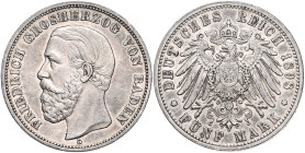 BADEN, Friedrich I., 1856-1907, 5 Mark 1898 G.
ss+
J.29