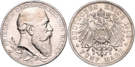 BADEN, Friedrich I., 1856-1907, 5 Mark 1902 G. 50jähr. Reg.-Jub..
st
J.31