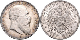 BADEN, Friedrich I., 1856-1907, 5 Mark 1904 G.
ss-vz
J.33
