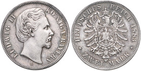 BAYERN, Ludwig II., 1864-1886, 2 Mark 1883 D. Der seltenste Jahrgang.
Schürfspuren a.Rd., ss
J.41