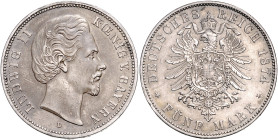 BAYERN, Ludwig II., 1864-1886, 5 Mark 1874 D.
Rdf., ss+
J.42
