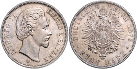 BAYERN, Ludwig II., 1864-1886, 5 Mark 1875 D.
schöne Tönung, ss-vz
J.42