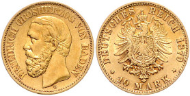 BADEN, Friedrich I., 1852-1907, 10 Mark 1879 G.
vz/st
J.186
