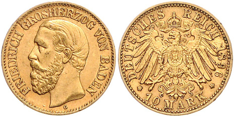 BADEN, Friedrich I., 1852-1907, 10 Mark 1896 G.
f.st
J.188