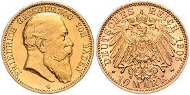 BADEN, Friedrich I., 1852-1907, 10 Mark 1905 G.
st
J.190