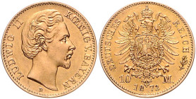 BAYERN, Ludwig II., 1864-1886, 10 Mark 1873 D.
Erstabschlag, st
J.193