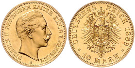 PREUSSEN, Wilhelm II., 1888-1918, 10 Mark 1889 A.
äußerst selten i.d. Erhaltung, PP
J.249