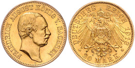 SACHSEN, Friedrich August III., 1904-1918, 20 Mark 1913 E. Seltenster Jahrgang dieses Typs.
st
J.268