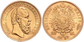 WÜRTTEMBERG, Karl, 1864-1891, 20 Mark 1872 F.
vz/st
J.290