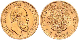 WÜRTTEMBERG, Karl, 1864-1891, 5 Mark 1877 F.
st
J.291