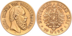 WÜRTTEMBERG, Karl, 1864-1891, 10 Mark 1881 F.
vz+
J.292