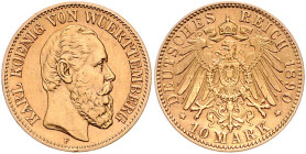 WÜRTTEMBERG, Karl, 1864-1891, 10 Mark 1890 F.
vz/st
J.294