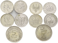 WEIMARER REPUBLIK, 1919-1933, 5 Reichsmark 1925 A. Rheinlande (vz/st). 3 Reichsmark 1926 A. Lübeck (f.vz), 3 Reichsmark 1932 A. Goethe (vz), 5 Reichsm...