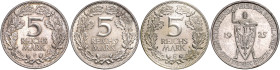 WEIMARER REPUBLIK, 1919-1933, 5 Reichsmark 1925 A; D; E; F. Rheinlande.
4 Stk., vz
J.322