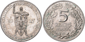 WEIMARER REPUBLIK, 1919-1933, 5 Reichsmark 1925 G. Rheinlande.
vz/st
J.322