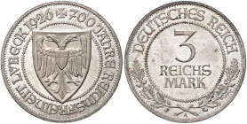 WEIMARER REPUBLIK, 1919-1933, 3 Reichsmark 1926 A. Lübeck.
vz-st
J.323