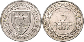 WEIMARER REPUBLIK, 1919-1933, 3 Reichsmark 1926 A. Lübeck.
vz
J.323