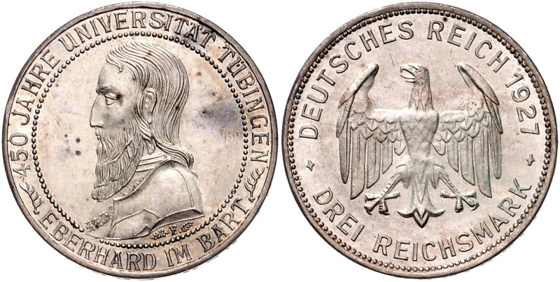 WEIMARER REPUBLIK, 1919-1933, 3 Reichsmark 1927 F. Tübingen.
st
J.328