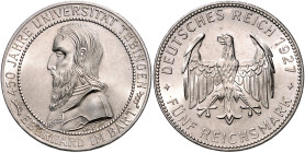 WEIMARER REPUBLIK, 1919-1933, 5 Reichsmark 1927 F. Tübingen.
Prachtex., st
J.329