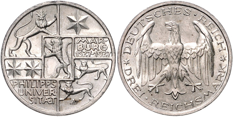 WEIMARER REPUBLIK, 1919-1933, 3 Reichsmark 1927 A. Marburg.
st
J.330