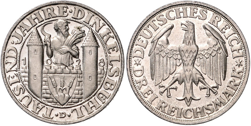 WEIMARER REPUBLIK, 1919-1933, 3 Reichsmark 1928 D. Dinkelsbühl.
Prachtex., Erst...