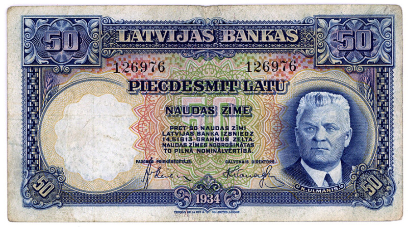 LETTLAND, Latvijas Bankas, 50 Latu 1934.
III
Pick 20a