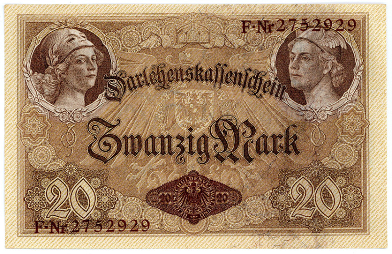 DEUTSCHES REICH BIS 1945, Zeit des Ersten Weltkriegs, 1914-1918, 20 Mark 05.08.1...