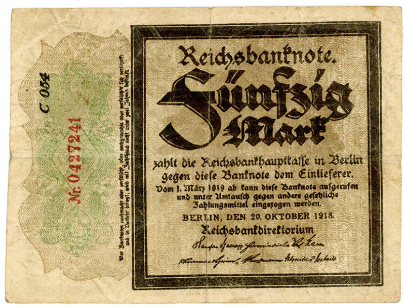 DEUTSCHES REICH BIS 1945, Zeit des Ersten Weltkriegs, 1914-1918, 50 Mark 1918, T...