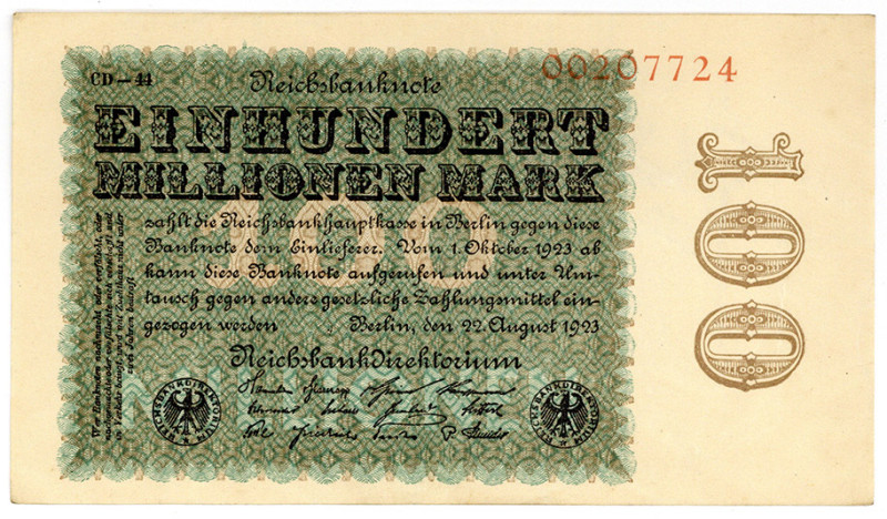 DEUTSCHES REICH BIS 1945, Geldscheine der Inflation, 1919-1924, 100 Millionen Ma...